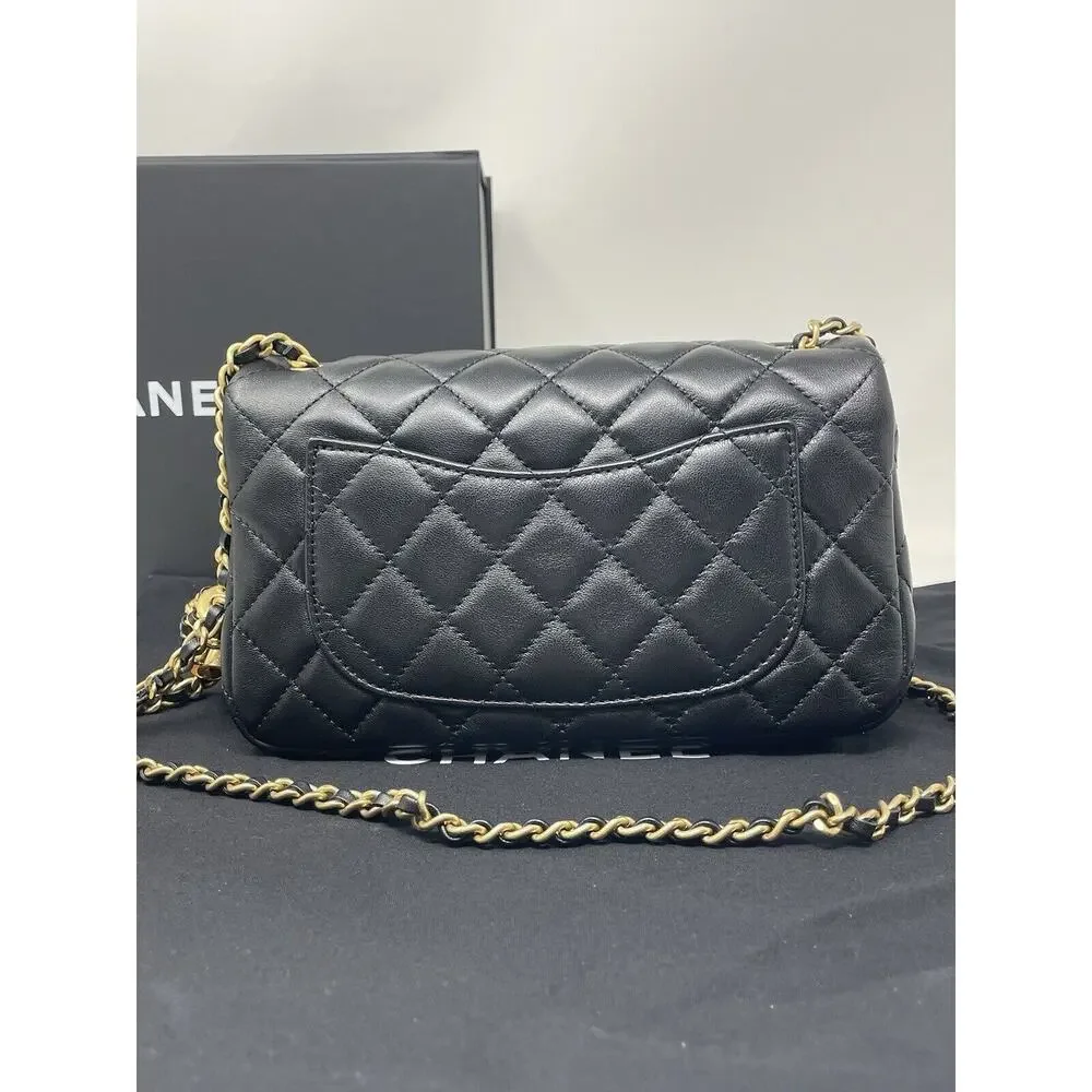 CHANEL 22S Black Mini Rectangle Pearl Crush Braid Gold Ball Flap Bag Unused - Picture 8 of 16